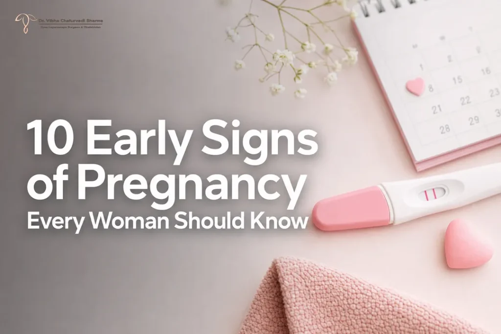 Clean cover image highlighting Early Signs of Pregnancy with test and calendar icons
