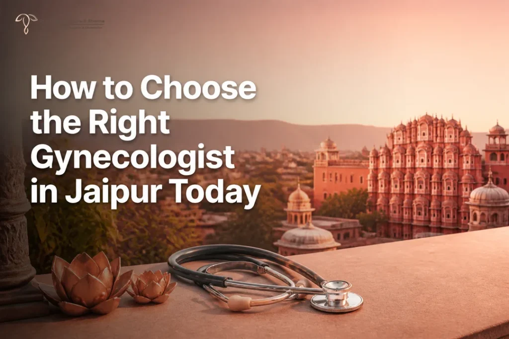 Illustrated Jaipur skyline and clinic icons for Gynecologist in Jaipur guide.