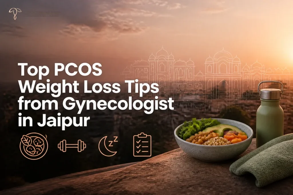 Illustrated cover showing diet and fitness icons for PCOS by a Gynecologist in Jaipur